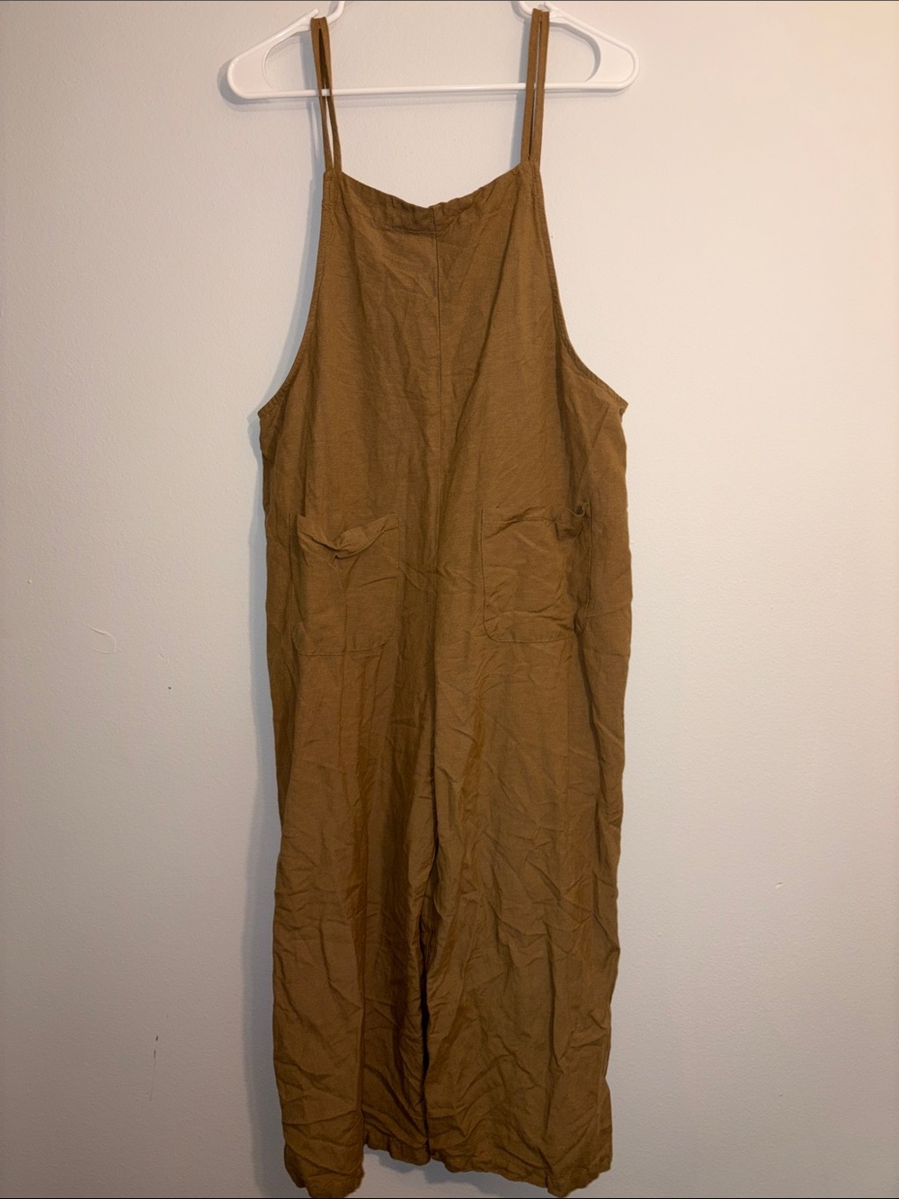 Mio Muse linen blend Women's Wide-Leg double Strap Jumpsuit in tan Brown